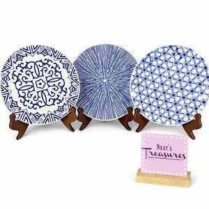 Baum Brothers BLUE & WHITE Geometric Modern Ceramic Salad Lunch Plates Set of 3